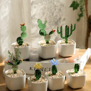 May include: A collection of seven miniature glass cactus sculptures, each potted in a small white square ceramic container filled with light-colored pebbles. The glass cacti feature various green shades, some with small colorful flower accents.