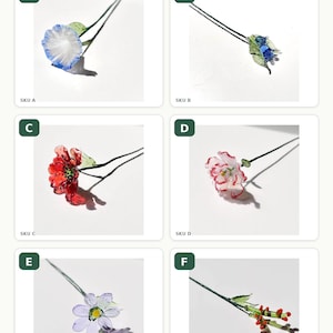 May include: A grid of six glass flower hair pins labeled A through F. Each pin features a unique floral design with distinct colors including blue, red, pink, purple, and green. The text FLOWER STYLE OPTIONS is at the top of the image.