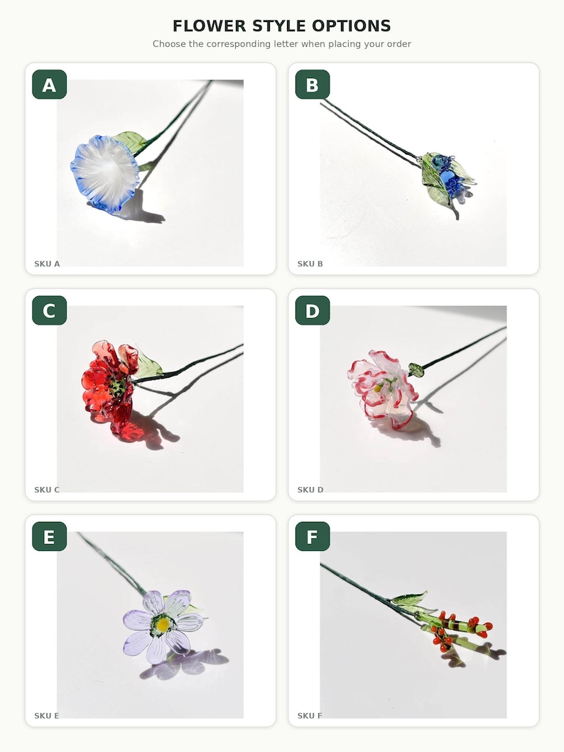 May include: A grid of six glass flower hair pins labeled A through F. Each pin features a unique floral design with distinct colors including blue, red, pink, purple, and green. The text FLOWER STYLE OPTIONS is at the top of the image.