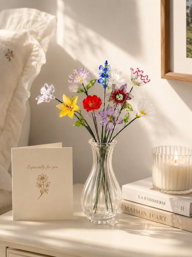 May include: A clear glass vase containing a bouquet of multi-colored glass flowers in shades of red, yellow, blue, purple, and white, each with green glass stems and leaves, accompanied by a folded greeting card with the text Especially for you.