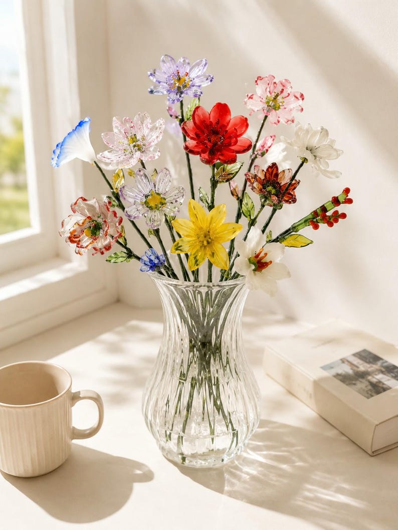 May include: A clear glass vase containing a bouquet of multi-colored glass flowers. The arrangement features various blooms in shades of red, yellow, white, pink, blue, and purple, each with green glass stems and leaves, displayed in a fluted glass vessel.
