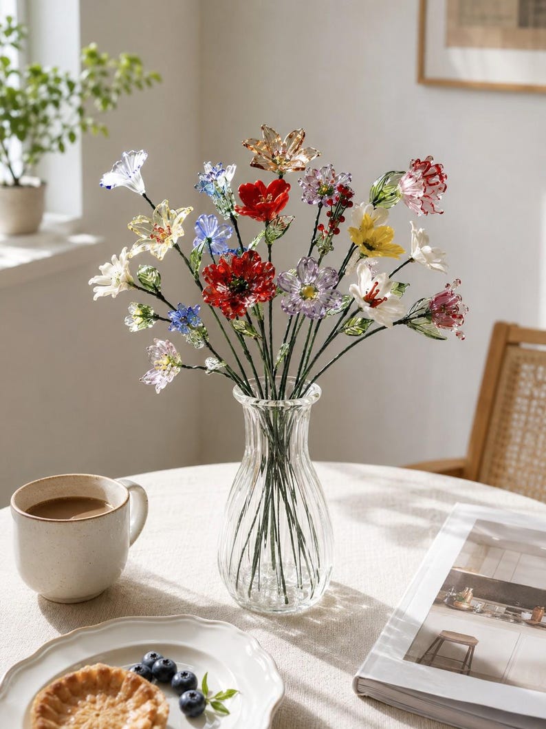 May include: A clear glass vase containing a bouquet of multi-colored glass flowers. The arrangement features individual stems with petals in shades of red, blue, yellow, purple, white, and pink, each attached to thin green wire stems.