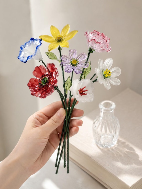 Handmade Glass Flower Bouquet, 11.8-13.8 in Bendable Wire Stem, Forever Flowers, Art Glass Floral Vase Decor Gift for Mom, Desk Office Decor