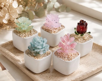 Handmade Glass Succulent Decor, Mini Glass Plant Sculpture, Crystal Desert Plant Ornament, Desktop Decor, Nature Inspired Home Gift,  Office