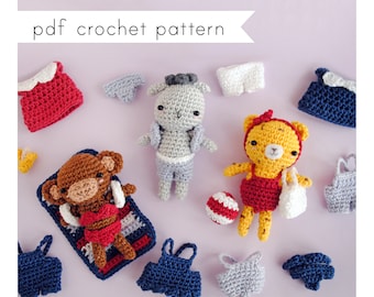 Amigurumi animals in summer outfits pattern. Pdf crochet pattern. Mini Dress up Dolls.
