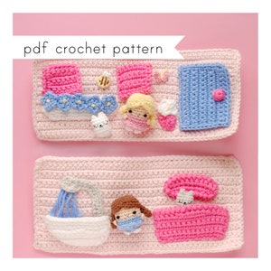 May include: Two pink crochet panels depicting different scenes. The top panel features a girl doll, a bed, a door, a bunny, and flowers. The bottom panel features a girl doll, a bathtub, a shower, and a sink.
