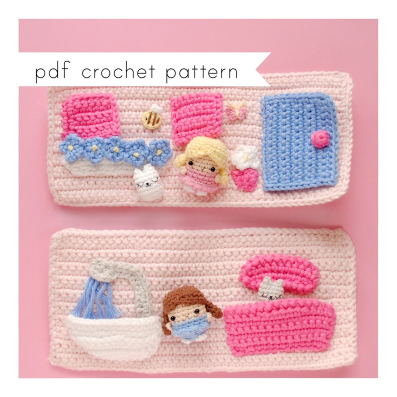 May include: Two pink crochet panels depicting different scenes. The top panel features a girl doll, a bed, a door, a bunny, and flowers. The bottom panel features a girl doll, a bathtub, a shower, and a sink.