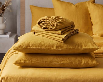 Linen Fitted Sheet Queen or King, Mustard Yellow Linen Sheets, Fitted Sheet Soft Breathable organic Linen, Linen Bedding Set