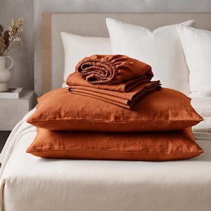 Brunt Orange Linen Fitted Sheet Queen or King, Flax Linen Sheets, Soft Breathable organic Linen, Linen Bedding Set