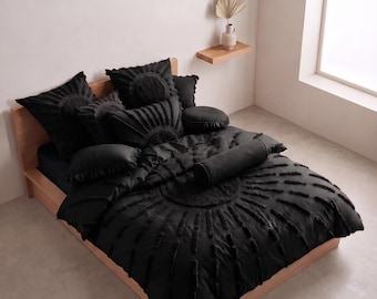 Black Cotton Boho Tufted Bedding King/Queen/Twin Size Cotton Duvet Cover Set, Quilt Comforter Cover With Pillowcases