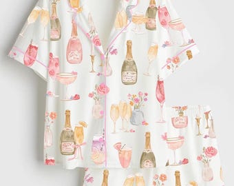 Watercolor Champagne Mimosa Satin Pajama Set, Bridal Brunch Floral Rose Candles Short Sleeve Silky PJs, Wedding Party Sleepwear Gift