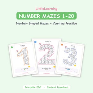 Peut inclure: Feuilles d'activités imprimables éducatives intitulées LittleLearning Number Mazes 1-20, Number-Shaped Mazes + Counting Practice. Trois pages blanches affichent les chiffres 1, 2 et 3, chacun contenant un labyrinthe, une souris et des exercices.