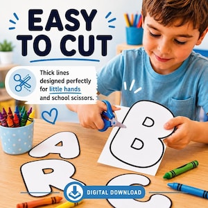 May include: A digital download activity featuring large letters with thick black outlines for cutting practice. The text reads EASY TO CUT, Thick lines designed perfectly for little hands and school scissors, and DIGITAL DOWNLOAD.