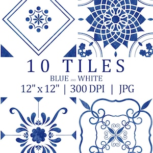 Könnte beinhalten: Ein Set aus 10 blauen und weißen Fliesen mit vier verschiedenen quadratischen Mustern mit geometrischen und floralen Motiven. Der Text 10 TILES BLUE AND WHITE 12" x 12" | 300 DPI | JPG ist mittig zwischen den Fliesendesigns platziert.