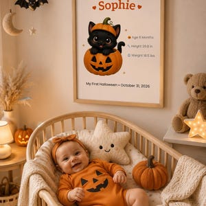 Personalized My First Halloween Baby Poster, Custom Pumpkin Cat Print, Baby Keepsake, Nursery Wall Art, First Halloween Gift