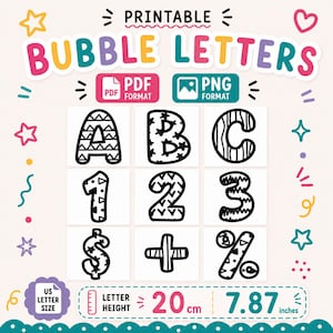 Könnte beinhalten: Ein druckbares digitales Dateiset mit Bubble-Buchstaben, Zahlen und Symbolen mit schwarz-weißen Mustern. Der Text lautet PRINTABLE BUBBLE LETTERS, PDF FORMAT, PNG FORMAT und US LETTER SIZE. Eine Linealgrafik zeigt eine Buchstabenhöhe von 20 cm oder 7,87 Zoll.