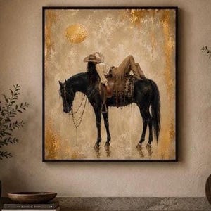 Könnte beinhalten: Ein quadratischer Wandkunstdruck, der ein schwarzes Pferd in flachem Wasser zeigt. Eine Figur mit Cowboyhut und heller Kleidung liegt auf dem Rücken des Pferdes. Der Hintergrund ist in strukturiertem Beige mit goldenen Akzenten und einer Sonne.