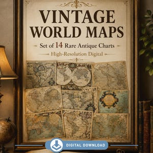 Könnte beinhalten: Ein gerahmtes Display mit dem Text VINTAGE WORLD MAPS Set of 14 Rare Antique Charts High-Resolution Digital. Das Bild zeigt eine Sammlung verschiedener alter, sepiafarbener Weltkarten, die in einer Collage in einem dunklen Holzrahmen angeordnet sind.