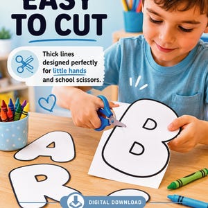 May include: A digital download activity sheet featuring large letters with thick black outlines for cutting practice. The text reads EASY TO CUT, Thick lines designed perfectly for little hands and school scissors, and DIGITAL DOWNLOAD.