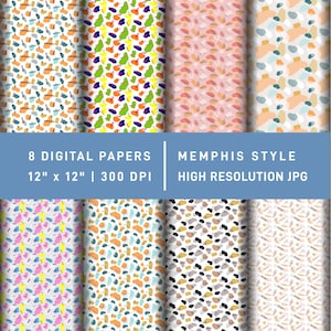 Könnte beinhalten: Eine Sammlung von acht digitalen Papieren mit verschiedenen abstrakten Mustern, farbigen Formen und Texturen. Der Text lautet 8 DIGITAL PAPERS, MEMPHIS STYLE, 12" x 12" | 300 DPI, HIGH RESOLUTION JPG. Die Designs enthalten Punkte, Kleckse und Linien.