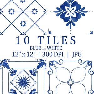 Könnte beinhalten: Eine digitale Sammlung von 10 blau-weißen Fliesenmustern, jeweils 30,48 cm mal 30,48 cm groß bei 300 DPI im JPG-Format. Die Designs zeigen geometrische Gitter, florale Motive und komplizierte Schnörkel im Aquarellstil.