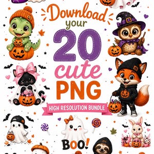 Könnte beinhalten: Eine digitale Sammlung von 20 Halloween-Illustrationen mit niedlichen Tieren, Geistern, Kürbissen, Süßigkeiten und Fledermäusen. Der Text lautet Download your 20 cute PNG HIGH RESOLUTION BUNDLE und Boo! in Orange, Lila und Pink.