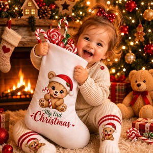 Peut inclure: Une chaussette de Noël blanche ornée d'un ours en peluche portant un bonnet de Père Noël et tenant un sucre d'orge, avec le texte My First Christmas imprimé en rouge et vert. La chaussette est remplie de sucres d'orge rayés rouge et blanc.
