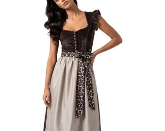 Conjunto de vestido Dirndl de veludo marrom, saia bege e faixa de leopardo