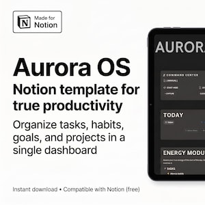 Notion Productivity Template | Life Planner Dashboard | Task Manager, Habit Tracker & Goal Planner | Second Brain System | Aurora OS