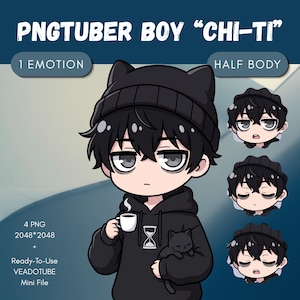 Könnte beinhalten: Eine digitale Illustration eines PNGtuber-Jungen namens Chi-Ti mit schwarzem Haar, einer schwarzen Mütze mit Katzenohren und einem schwarzen Kapuzenpullover mit Sanduhr-Grafik. Die Figur hält eine weiße Kaffeetasse und eine kleine schwarze Katze.