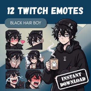 May include: A digital collection of 12 Twitch emotes featuring a boy with black hair wearing a black beanie and hoodie. The character is shown in various expressions including crying, laughing, blushing, and holding a mug with a ghost graphic.