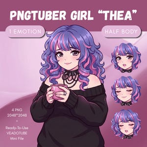 May include: Digital illustration of a PNGtuber character named Thea, featuring a half-body view with purple and pink wavy hair, a black off-shoulder sweater, and a spiked choker. Includes three additional facial expressions and text labels.