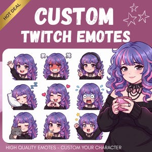 以下が含まれることがあります： 紫とピンクのウェーブヘアで黒いセーターを着たキャラクターのカスタムTwitchエモートのデジタルイラストセット。エモートは、手を振る、怒る、ヘッドホン着用、睡眠、ハートの手、ショック、猫を抱く、ボバを飲む、応援するなど、様々な表情を見せている。テキストは「CUSTOM TWITCH EMOTES」および「HIGH QUALITY EMOTES - CUSTOM YOUR CHARACTER」と書かれている。