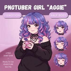 Può includere: Illustrazione digitale di una PNGtuber di nome Aggie, con un personaggio a mezzo busto dai capelli ondulati viola e rosa, che indossa un maglione nero con spalle scoperte e un collare borchiato. Include tre espressioni facciali e file 2048x2048.