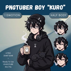 May include: Digital illustration of a PNGtuber boy character named Kuro, featuring black hair, a black beanie with a skeleton pin, and a black hoodie. The character holds a steaming mug with a ghost graphic labeled BOO and a sleeping black cat.