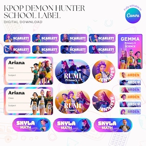 May include: A digital download set of KPOP Demon Hunter school labels featuring various rectangular, oval, and circular stickers. The designs include vibrant purple and orange gradients, anime-style character illustrations, and customisable text fields.