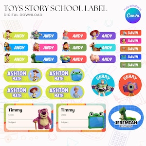 Può includere: Una collezione digitale di etichette scolastiche a tema Toy Story con vari personaggi come Woody, Buzz Lightyear e Jessie. Il set include adesivi rettangolari, circolari e ovali con nomi personalizzabili come Andy, Davin, Ashton, Gerry, Timmy e Jeremiah.