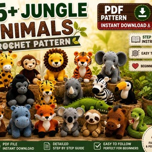 May include: A collection of over 15 crochet animal patterns featuring a giraffe, monkey, lion, tiger, elephant, gorilla, leopard, rhino, zebra, toucan, deer, hippo, fox, koala, sloth, boar, and snake. The digital PDF includes step-by-step instructions.