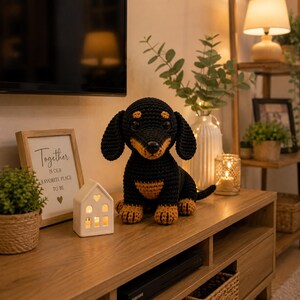 Puede incluir: Un peluche de perro salchicha tejido a ganchillo con hilo negro en el cuerpo, la cabeza y las orejas, con detalles en hilo color canela en el hocico, el pecho, las patas y sobre los ojos. El juguete tiene ojos grandes, redondos y oscuros.