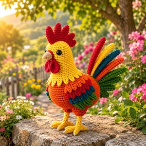 May include: A crochet rooster figurine featuring a bright yellow head, a red comb and wattle, and a multi-colored body with orange, red, blue, and green feathers. The tail consists of long, pointed feathers in red, yellow, blue, and green.