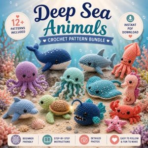 Può includere: Un pacchetto di schemi all'uncinetto intitolato Deep Sea Animals che include oltre 12 schemi per varie creature marine, tra cui una balena, uno squalo, un calamaro, un polpo, una medusa, una razza, un cavalluccio marino, un delfino, una tartaruga, una rana pescatrice, un granchio e una stella marina.