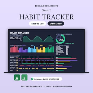May include: A digital habit tracker for Excel and Google Sheets displayed on a laptop screen. The interface features a dark mode dashboard with a line graph, a circular progress chart showing 76%, and colorful bar charts tracking daily habits.