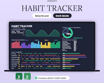 Habit Tracker Spreadsheet Dark Mode, Google Sheets Excel Habit Planner, Daily Weekly Habit Tracker, Digital Routine Dashboard, Habit To Do