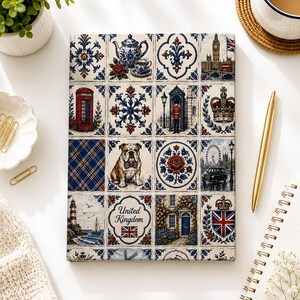 May include: A rectangular notebook featuring a grid of decorative tiles with British-themed illustrations, including a teapot, a red telephone box, a bulldog, Big Ben, a crown, and the text United Kingdom with a Union Jack flag design.