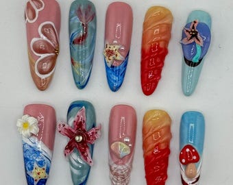 Unghie finte 3D a tema oceano fatte a mano / Unghie in gel riutilizzabili personalizzate / Nail art estiva da spiaggia
