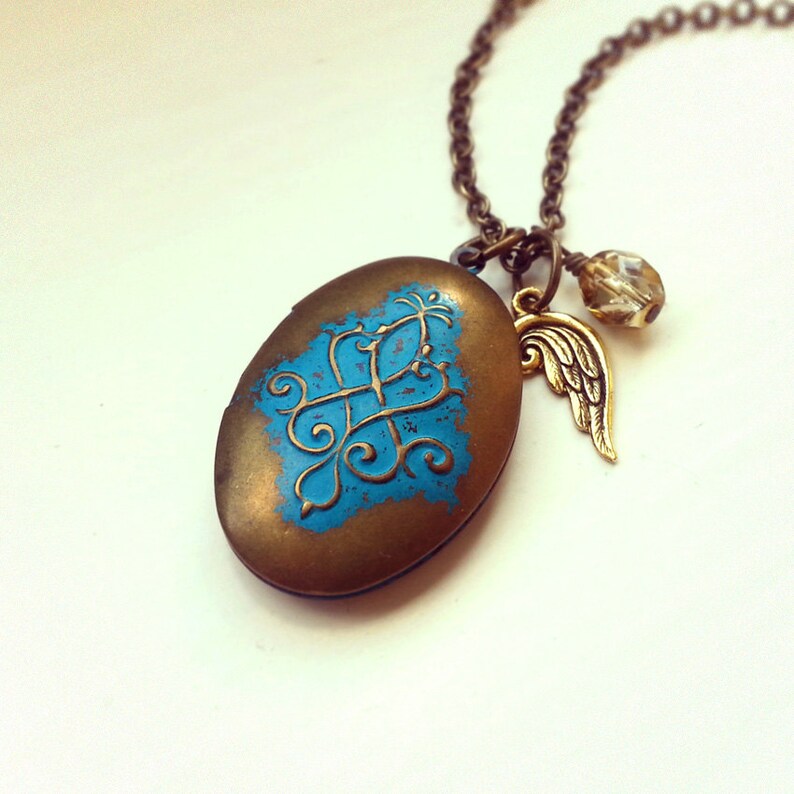 Vintage locket pendant Antique brass cable chain Angel wing charm Antique Bronze Locket Necklace
