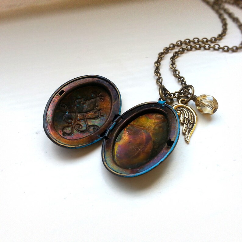 Vintage locket pendant Antique brass cable chain Angel wing charm Antique Bronze Locket Necklace