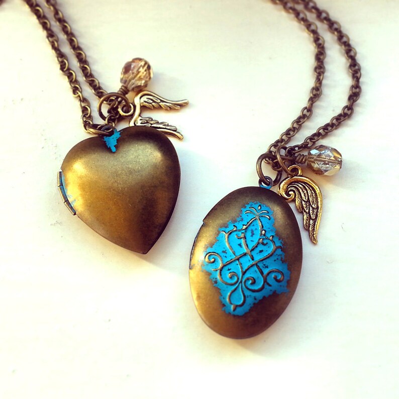 Vintage locket pendant Antique brass cable chain Angel wing charm Antique Bronze Locket Necklace