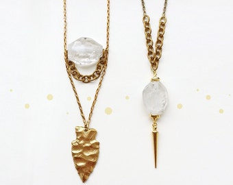 Crystal Quartz and Arrowhead Necklace, Crystal Quartz and Gold Spike Necklace, Rock Crystal Nugget, Brass Cable Chain