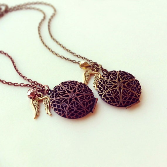 Vintage locket pendant Antique brass cable chain Angel wing charm Antique Bronze Locket Necklace